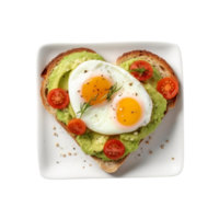 avocado toast with eggs and tomatoes on a white plate png