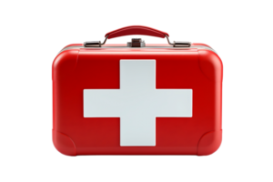 3d red first aid kit bag on transparent background png