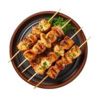 chicken skewers on a plate on a transparent background png
