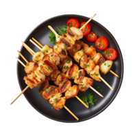 chicken skewers on a plate with tomatoes and herbs png