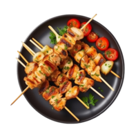 pollo brochetas en un plato con Tomates y hierbas png