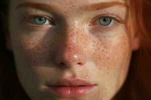 a close up of a woman with freckles AI generated photo