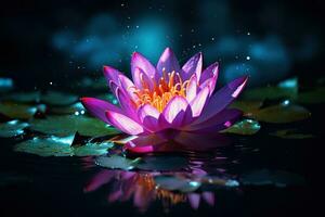 Beautiful pink water lily or lotus flower on dark background AI Generated photo