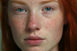 a close up of a woman with freckles AI generated photo