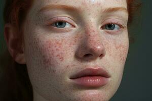 a close up of a woman with freckles,rosacea couperose redness skin AI generated photo