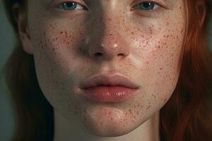 a close up of a woman with freckles AI generated photo