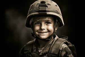 retrato de un linda pequeño chico en militar uniforme en oscuro antecedentes ai generado foto