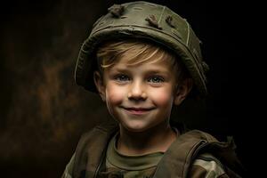 retrato de un linda pequeño chico en militar uniforme en oscuro antecedentes ai generado foto