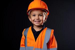 retrato de un linda pequeño chico en un construcción casco ai generado foto