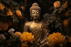 buddha statue surrounded by yellow flowers AI Generated photo