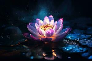 Beautiful pink water lily or lotus flower on dark background AI Generated photo