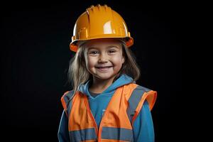 retrato de un sonriente pequeño niña en un construcción casco ai generado foto