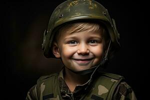 retrato de un linda pequeño chico en militar uniforme en oscuro antecedentes ai generado foto