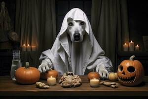 Víspera de Todos los Santos tema. perro en fantasma disfraz con calabazas en oscuro antecedentes ai generado foto