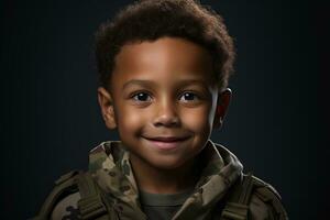 retrato de un linda pequeño chico en militar uniforme en oscuro antecedentes ai generado foto