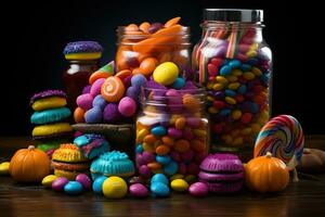 Ai Generated. Halloween candies and sweets on dark background photo