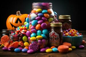 Ai Generated. Halloween candies and sweets on dark background photo