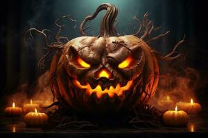 Halloween pumpkin head jack lantern with candles on dark background. Halloween concept AI Generated photo