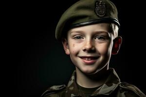 retrato de un linda pequeño chico en militar uniforme en oscuro antecedentes ai generado foto