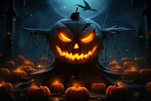 Halloween pumpkin head jack lantern with candles on dark background. Halloween concept AI Generated photo