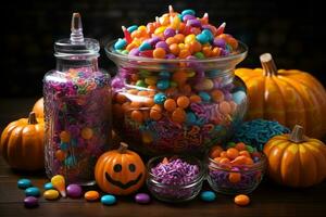 Ai Generated. Halloween candies and sweets on dark background photo