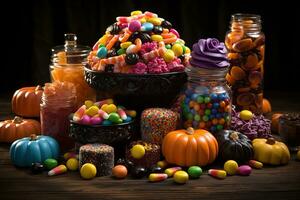 Ai Generated. Halloween candies and sweets on dark background photo