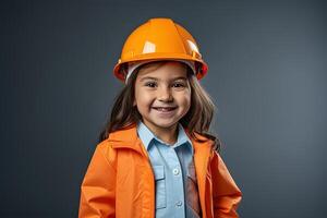 retrato de un sonriente pequeño niña en un construcción casco ai generado foto