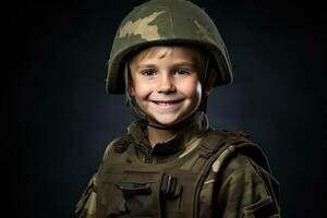 retrato de un linda pequeño chico en militar uniforme en oscuro antecedentes ai generado foto