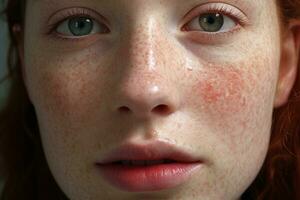 a close up of a woman with freckles AI generated photo