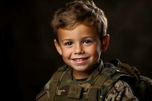 retrato de un linda pequeño chico en militar uniforme en oscuro antecedentes ai generado foto