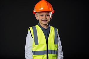 Portrait of a cute little boy in a construction helmet photo