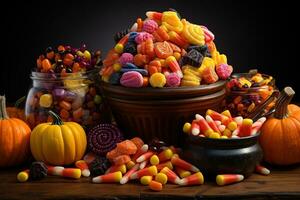 Ai Generated. Halloween candies and sweets on dark background photo