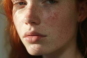 a close up of a woman with freckles,rosacea couperose redness skin AI generated photo