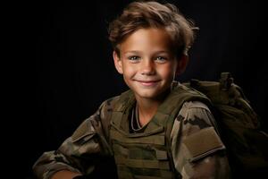 retrato de un linda pequeño chico en militar uniforme en oscuro antecedentes ai generado foto