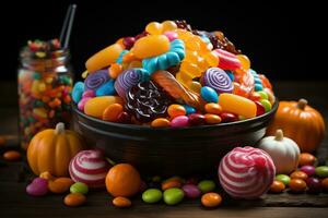 Ai Generated. Halloween candies and sweets on dark background photo