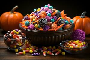 Ai Generated. Halloween candies and sweets on dark background photo