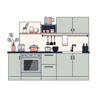 Flat illustration of modern kitchen interior with furniture, appliances and utensils png