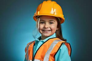 Portrait of a smiling little girl in a construction helmet AI Generated photo