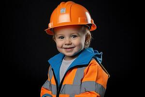 Portrait of a cute little boy in a construction helmet AI Generated photo