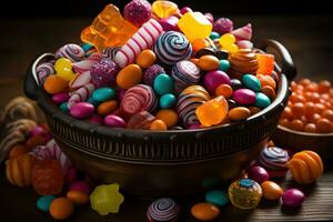 Ai Generated. Halloween candies and sweets on dark background photo