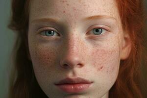 a close up of a woman with freckles AI generated photo