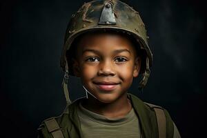 retrato de un linda pequeño chico en militar uniforme en oscuro antecedentes ai generado foto