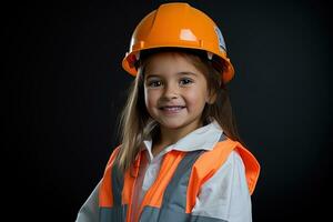 retrato de un sonriente pequeño niña en un construcción casco ai generado foto