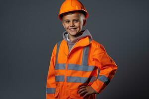 retrato de un linda pequeño chico en un construcción casco ai generado foto