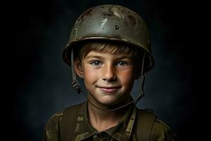 retrato de un linda pequeño chico en militar uniforme en oscuro antecedentes ai generado foto