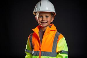 retrato de un linda pequeño chico en un construcción casco ai generado foto