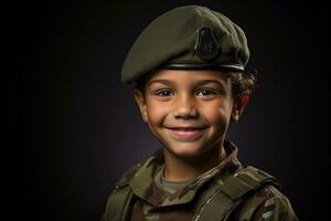 retrato de un linda pequeño chico en militar uniforme en oscuro antecedentes ai generado foto