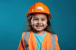 Portrait of a smiling little girl in a construction helmet photo