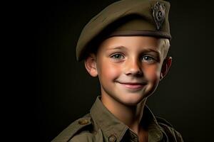 retrato de un linda pequeño chico en militar uniforme en oscuro antecedentes ai generado foto