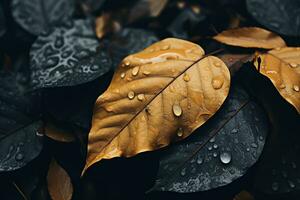 Close up of beautiful autumn leaves with water drops. Natural background AI Generated photo